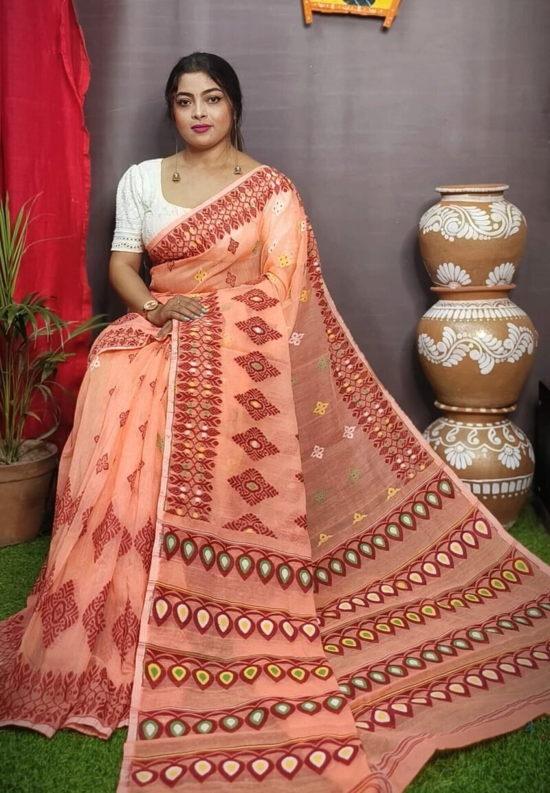 Exclusive Light Salmon Dhakai Jamdani Saree