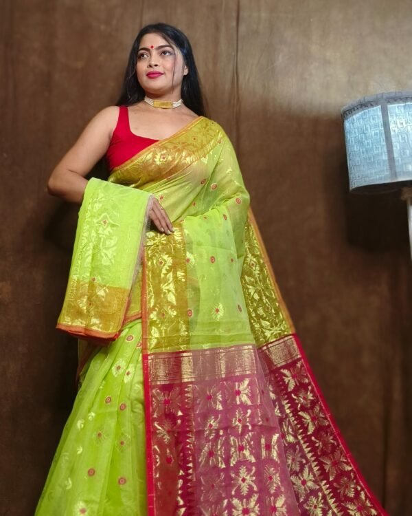 Avocado Green Soft Copper Joriwork Dhakai Jamdani Saree