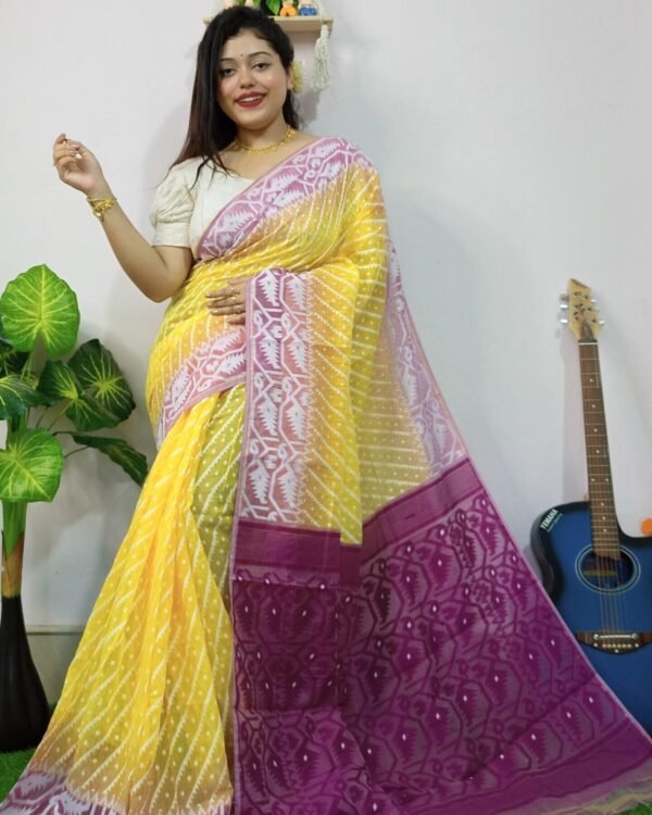 Yellow Soft Dhakai Ikkat Korat Jamdani Saree
