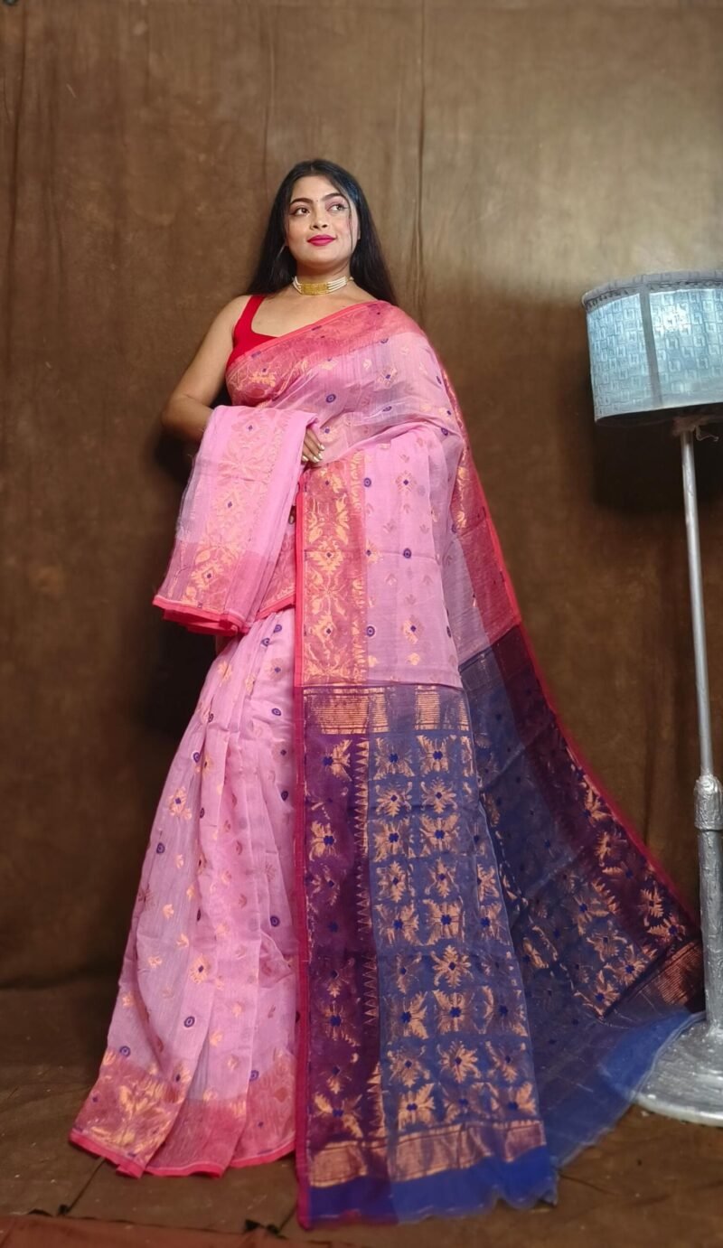 Light Pink Soft Copper Joriwork Dhakai Jamdani Saree - Image 2