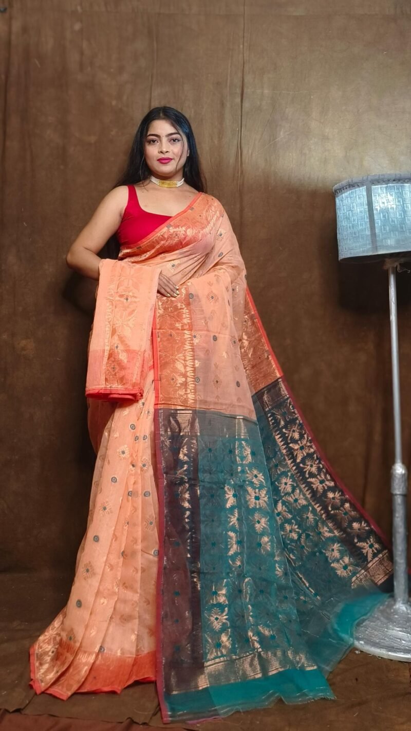 Light Salmon Soft Copper Joriwork Dhakai Jamdani Saree - Image 2