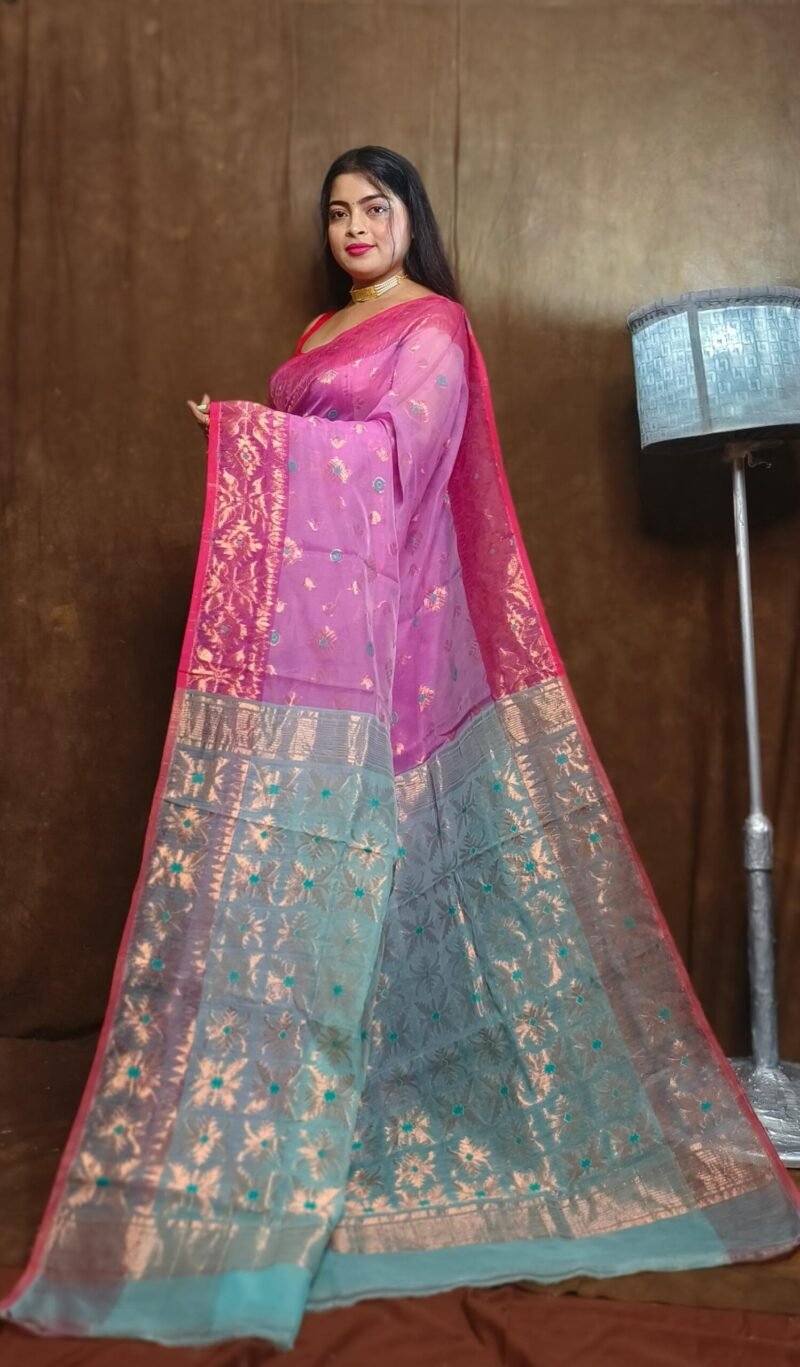 Purplish Pink Soft Copper Joriwork Dhakai Jamdani Saree - Image 2
