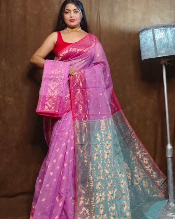 Purplish Pink Soft Copper Joriwork Dhakai Jamdani Saree