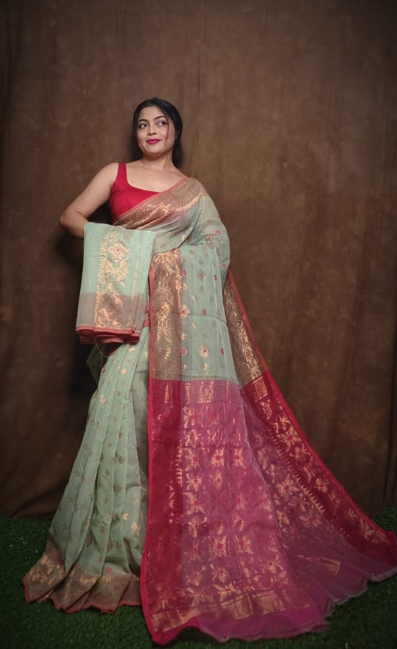 Sage Green Soft Copper Joriwork Dhakai Jamdani Saree - Image 2