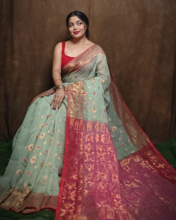 Sage Green Soft Copper Joriwork Dhakai Jamdani Saree