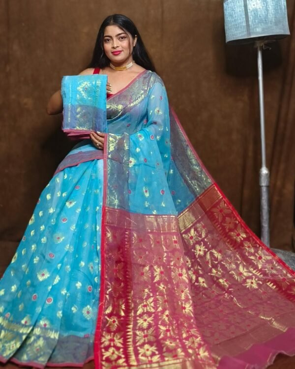 Sky Blue Soft Copper Joriwork Dhakai Jamdani Saree