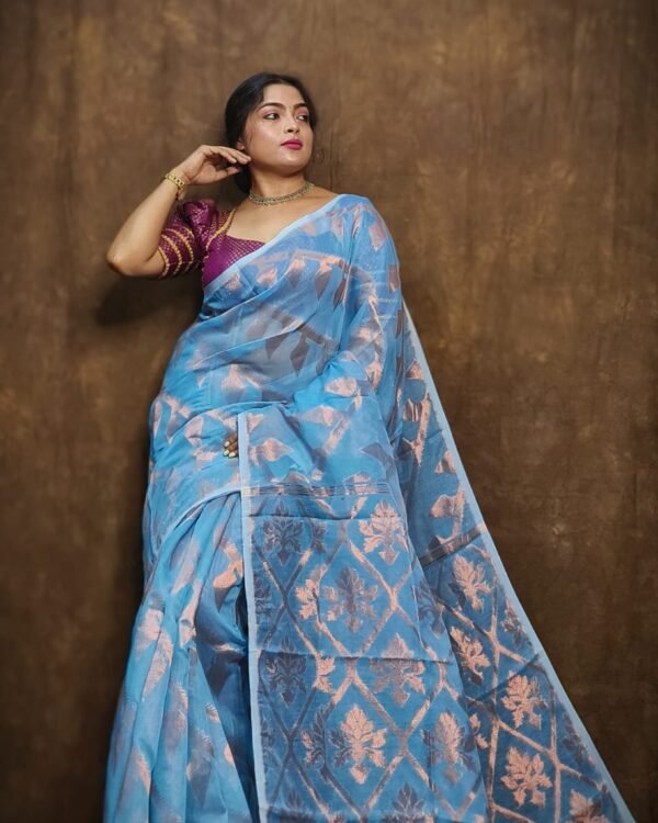 Sky Blue Soft Copper Joriwork Jamdani Sari