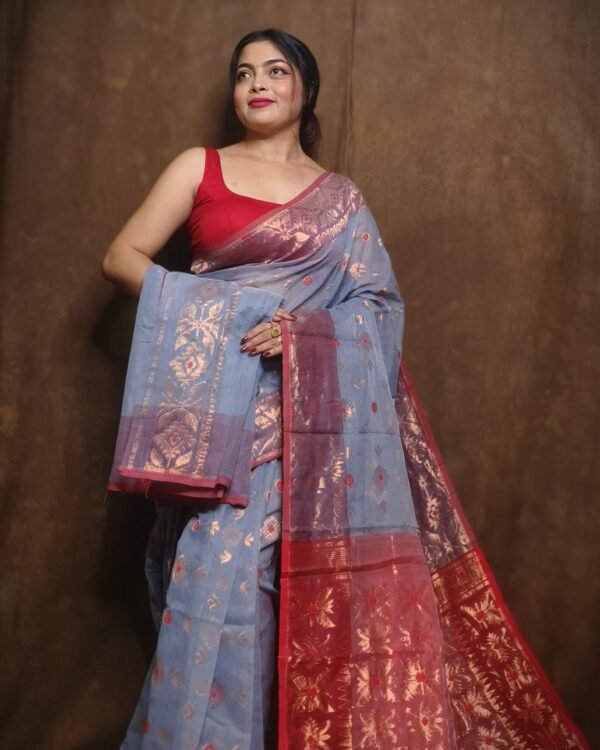 Slate Grey Soft Copper Joriwork Dhakai Jamdani Saree