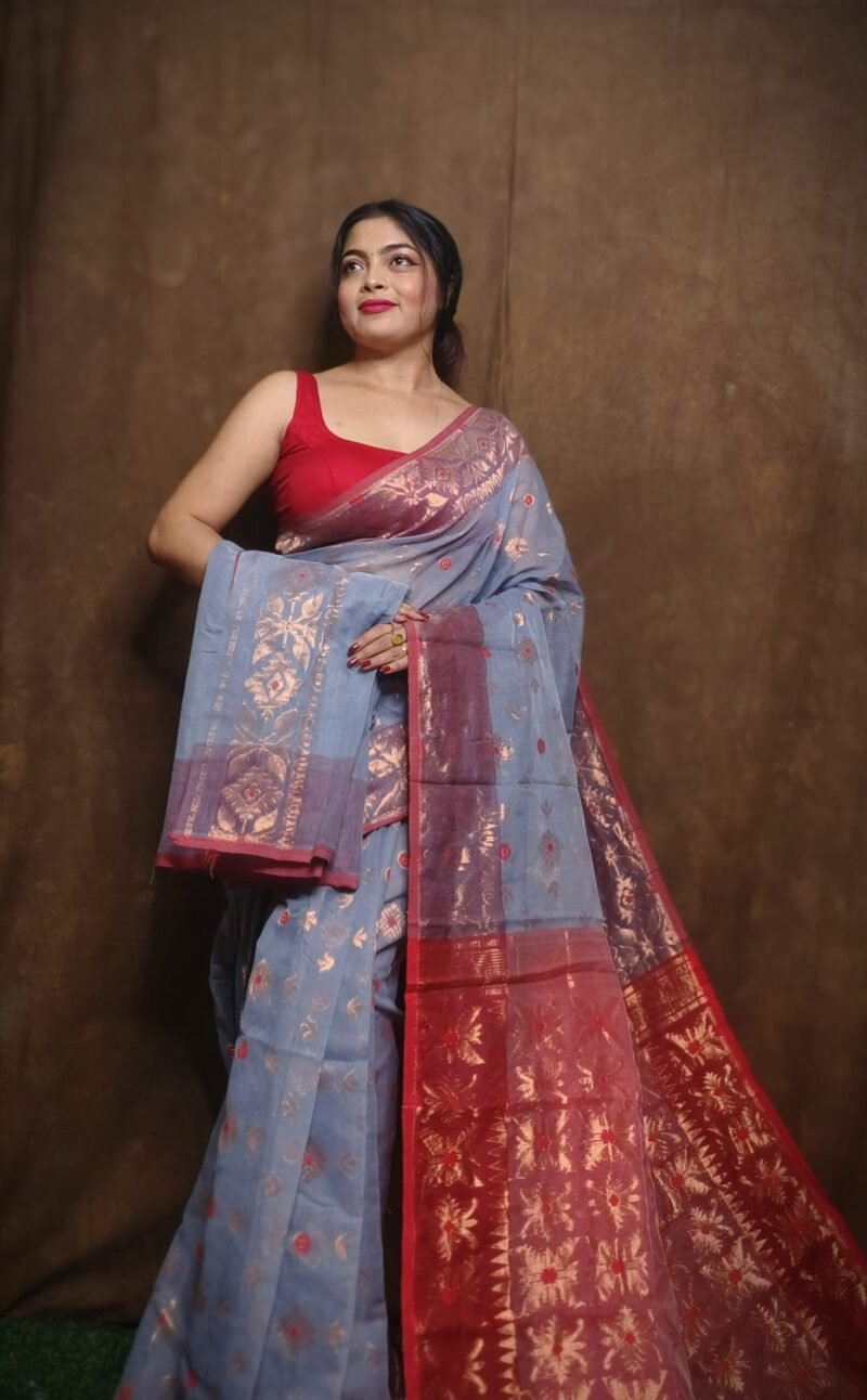 Slate Grey Soft Copper Joriwork Dhakai Jamdani Saree
