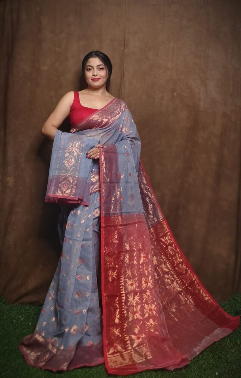 Slate Grey Soft Copper Joriwork Dhakai Jamdani Saree - Image 2