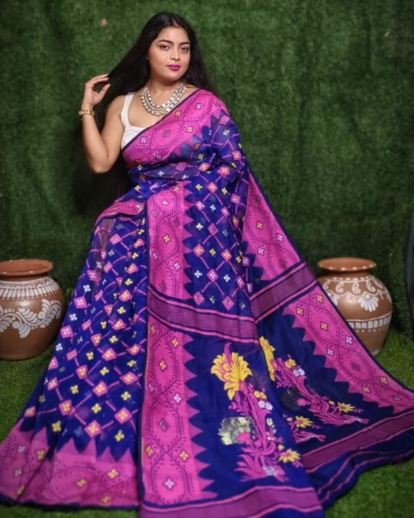 Blue Soft Dhakai Jamdani Saree