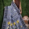 Bluish Grey Soft Dhakai Jamdani Saree - Image 3