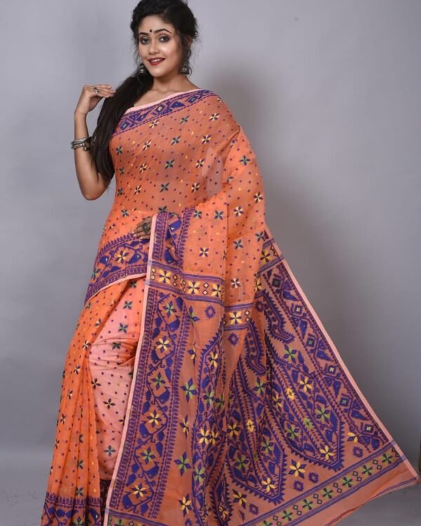 Dark Peach Soft Dhakai Jamdani Saree