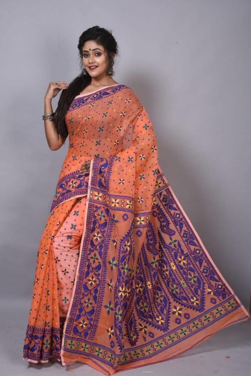 Dark Peach Soft Dhakai Jamdani Saree