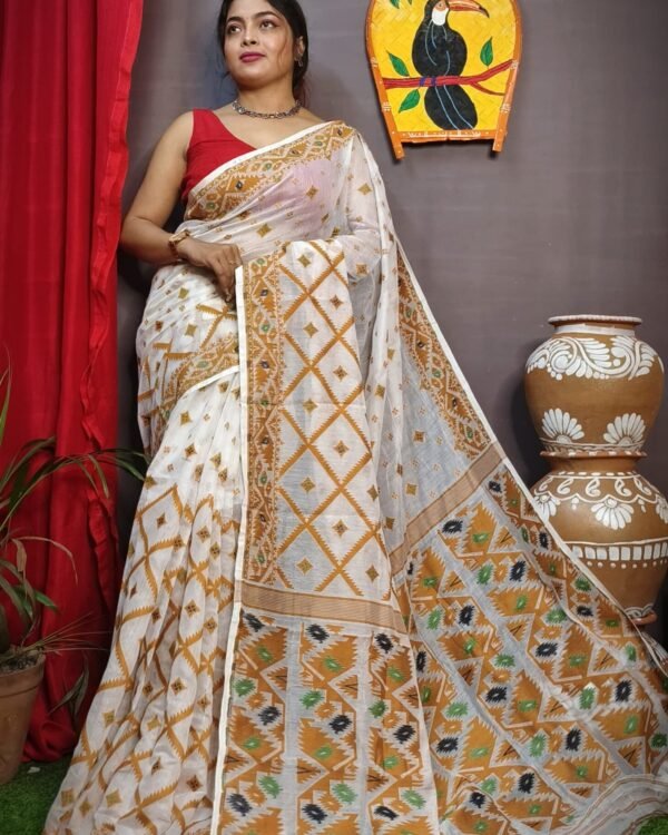 White Pasta Box Soft Dakhai Jamdani Sari