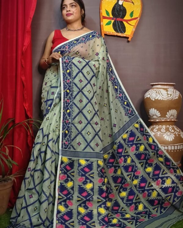Grey Blue Box Soft Dakhai Jamdani Sari