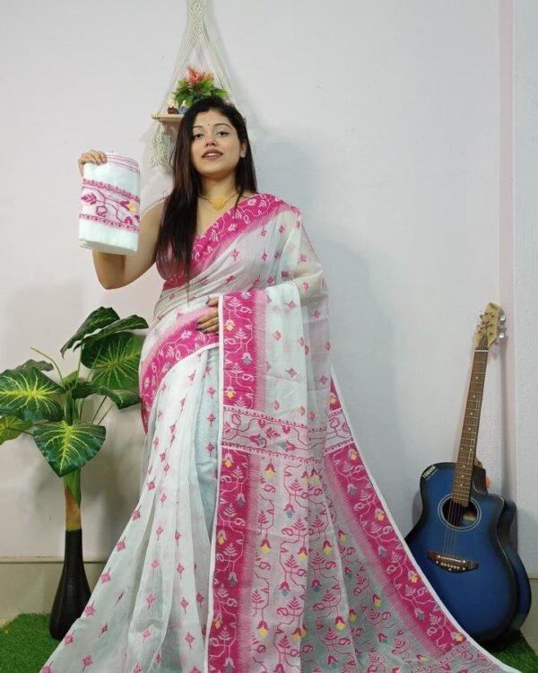 White Pink Soft New Jhumko Dhakai Jamdani Saree