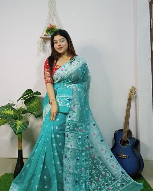 Turquoise Soft New Jhumko Dhakai Jamdani Saree