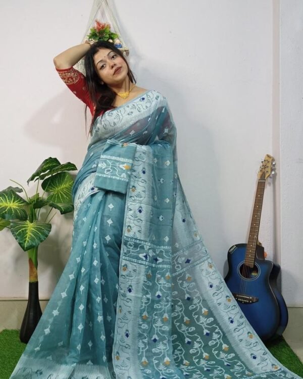Mint Blue Soft New Jhumko Dhakai Jamdani Saree