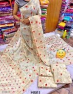 Cotton Resham / Half Mosline Tantuja Design Saree With Worked Blouse Piece - Image 2