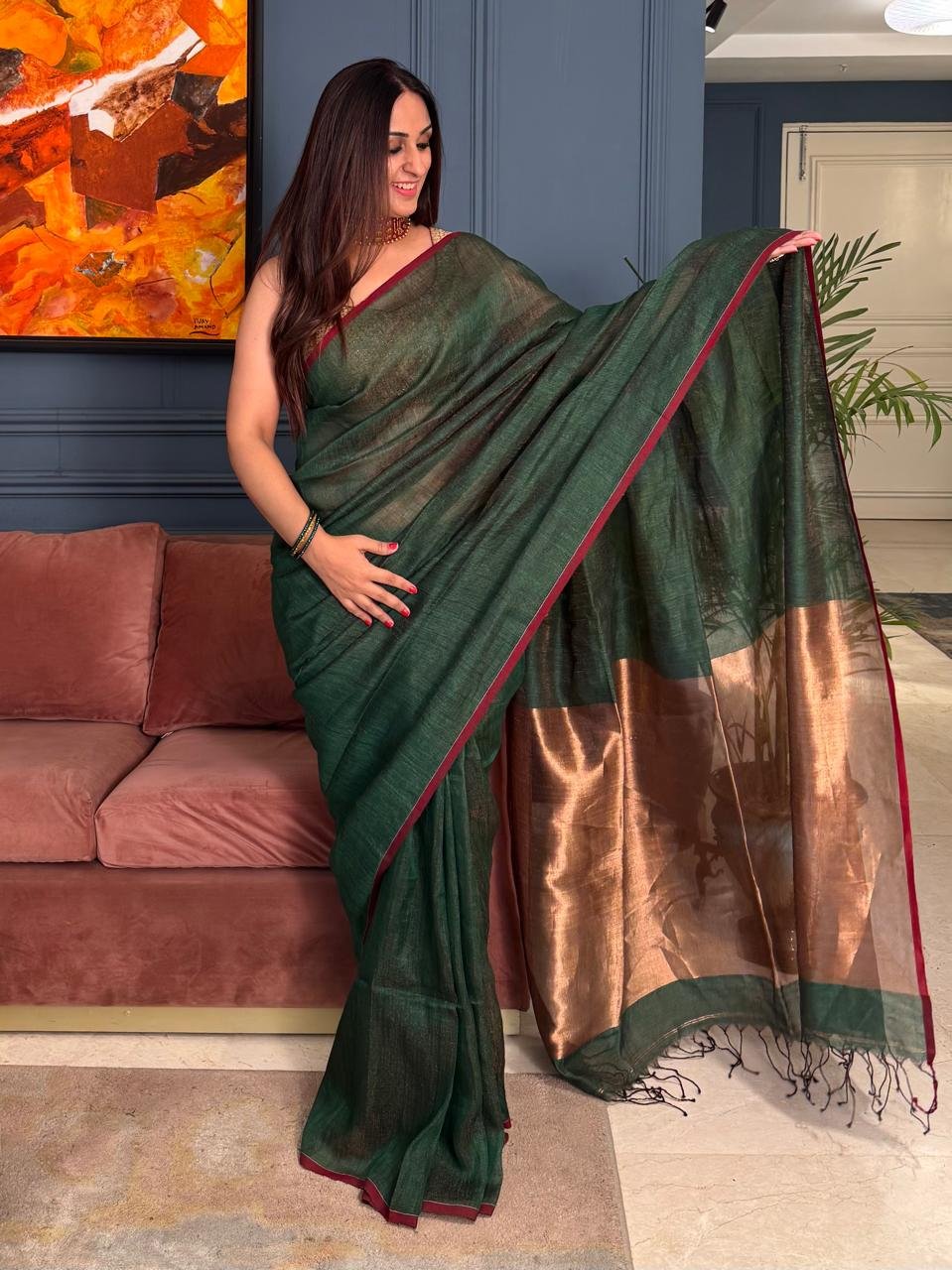 H Elegant Solid Khadi Saree with Red Border & Rich Golden Pallu (With Running Blouse) - Image 1