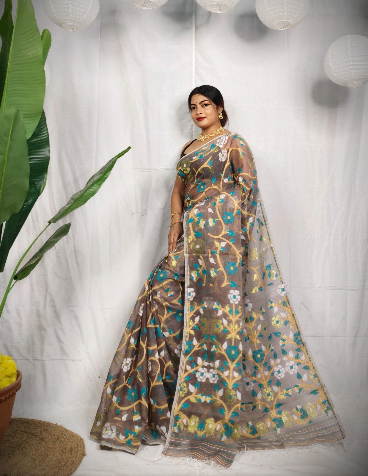 J3 Elegant Floral Jamdani Style Soft Resham Saree with Running B.P. - Image 1
