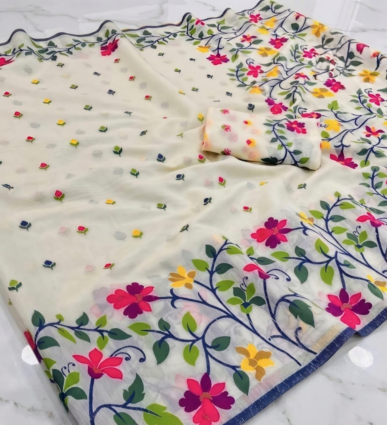 00 All Over Weaving Cotton Resham Half Mosline Banalata Design Saree With Worked B.P. - Image 1