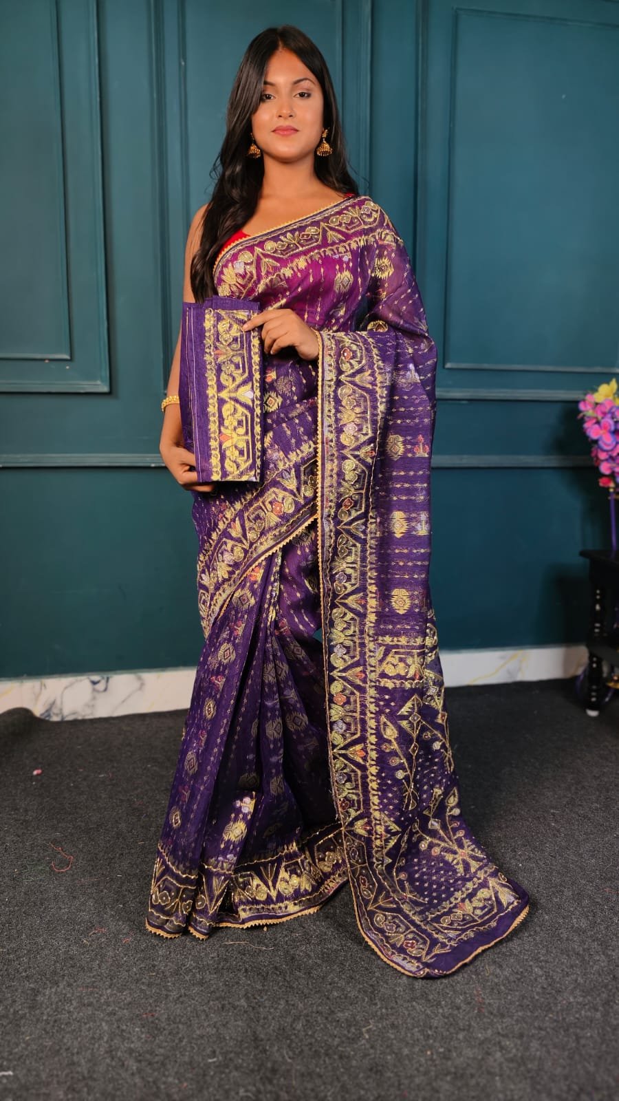 A All Over Moslin Jamdani Saree With Hand Aari Kardana Work With Matching Embellished B.P. - Image 1